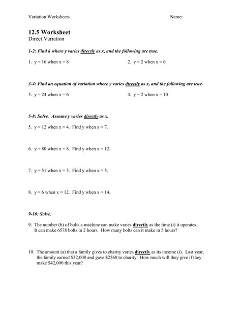 direct variation algebra 2 worksheet answers